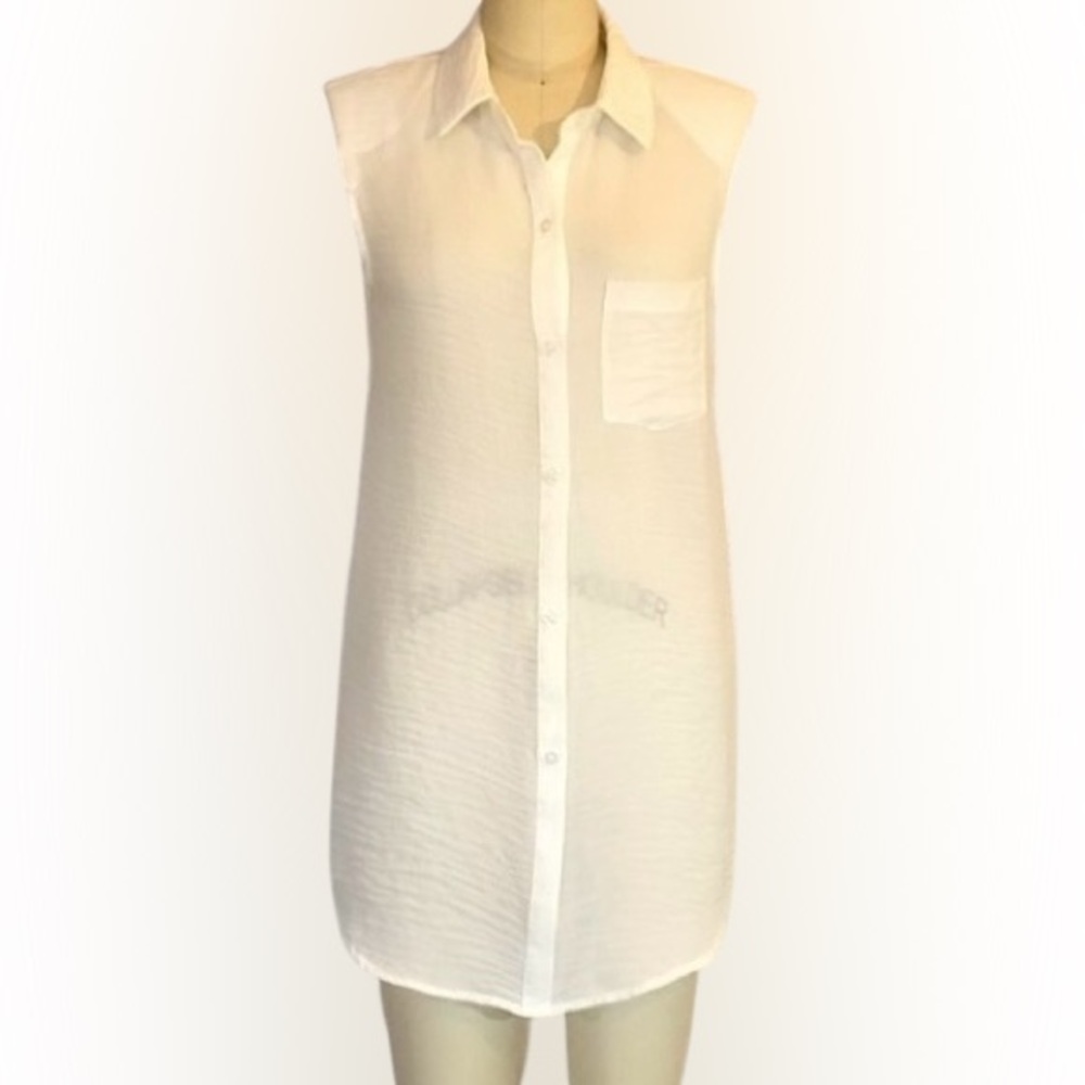 White Sheer Sleeveless Shirt Dress Duster Cover Up Small – Draped Back - Picture 9 of 9